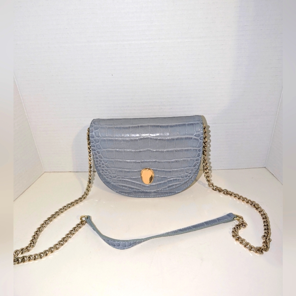 Anna Cai Blue Leather‎ Embossed Cowhide Gold Chain & Accents NEW